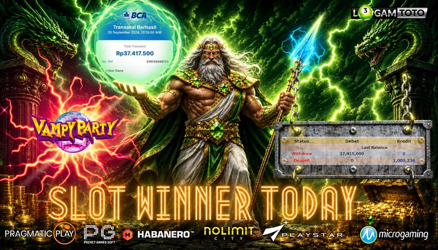 SELAMAT KEPADA MEMBER SETIA LOGAMTOTO BERHASIL JACKPOT 37,415,000 DI PERMAINAN VAMPY PARTY